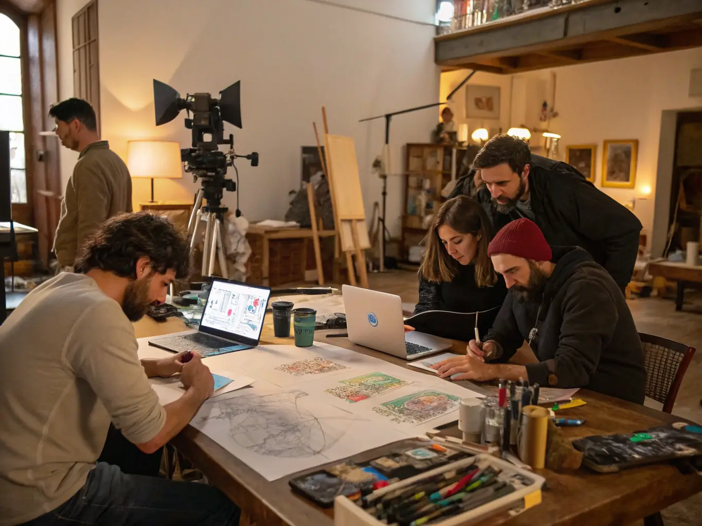 A photograph capturing a workshop session where artists are sharing their knowledge and skills, highlighting TARIM's focus on knowledge exchange.