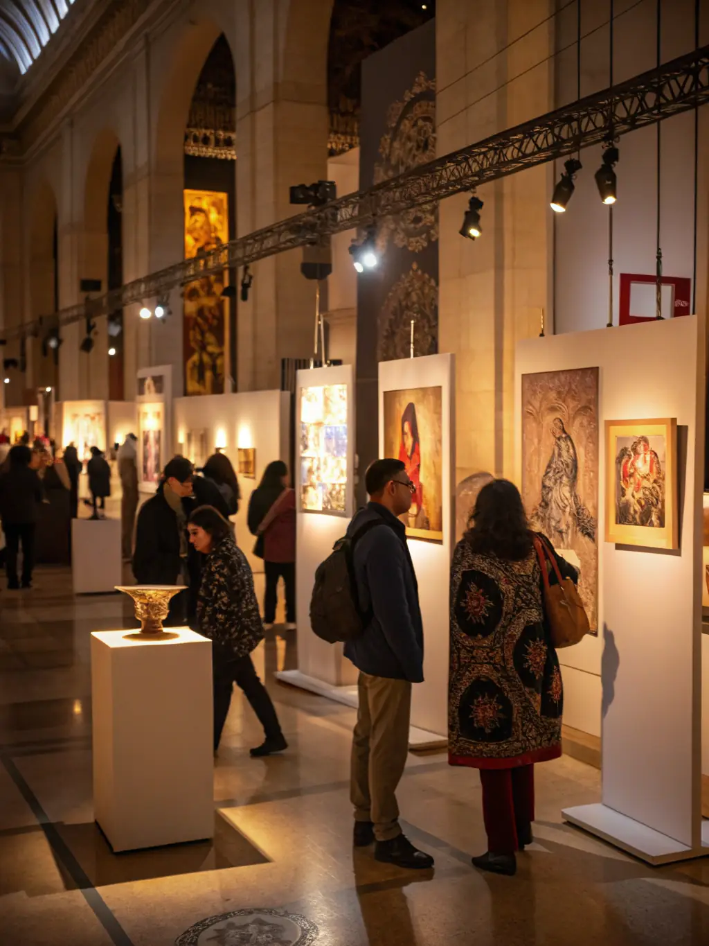 A dynamic image of an art exhibition organized by TARIM, featuring works from various international artists and highlighting the organization's role in promoting cultural dialogue.