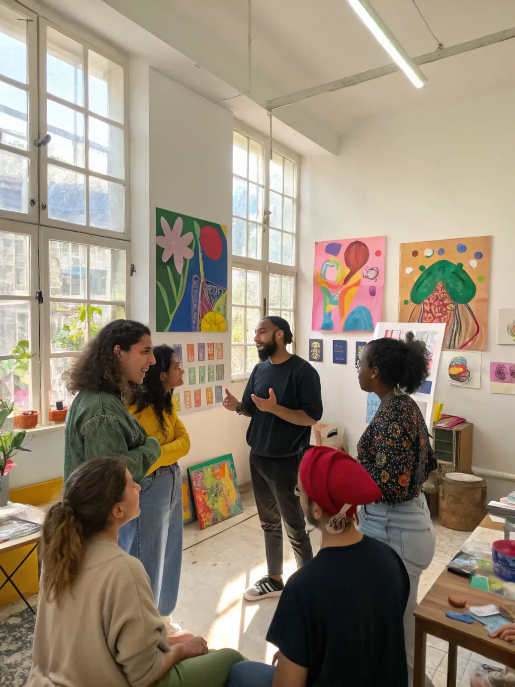 A photograph capturing a diverse group of artists engaged in a collaborative art project, showcasing the spirit of international artistic exchange facilitated by TARIM.